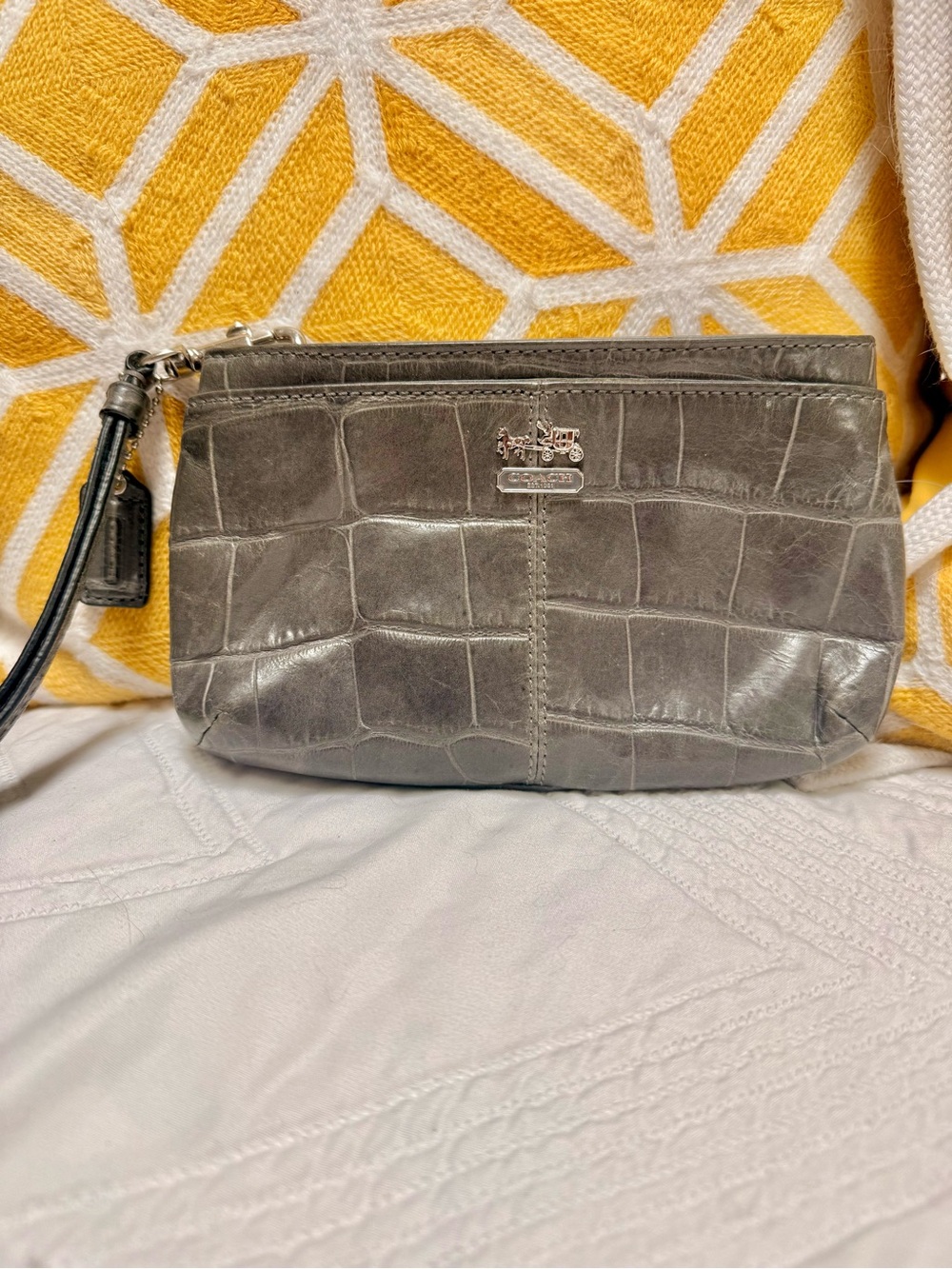 Coach Gray Croc-Embossed Leather Wristlet Pouch